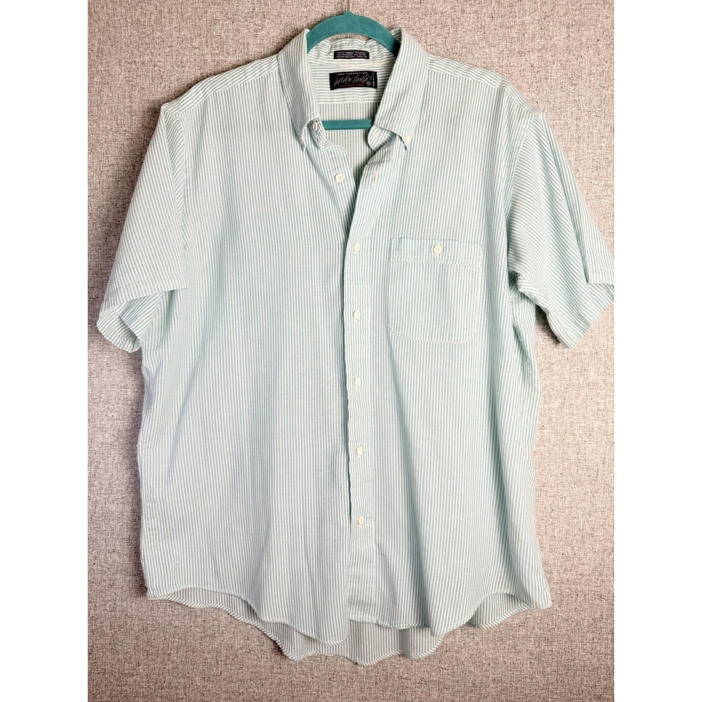 Lord & Taylor Button Down Short Sleeve Shirt Green Blue Striped Made In USA XL